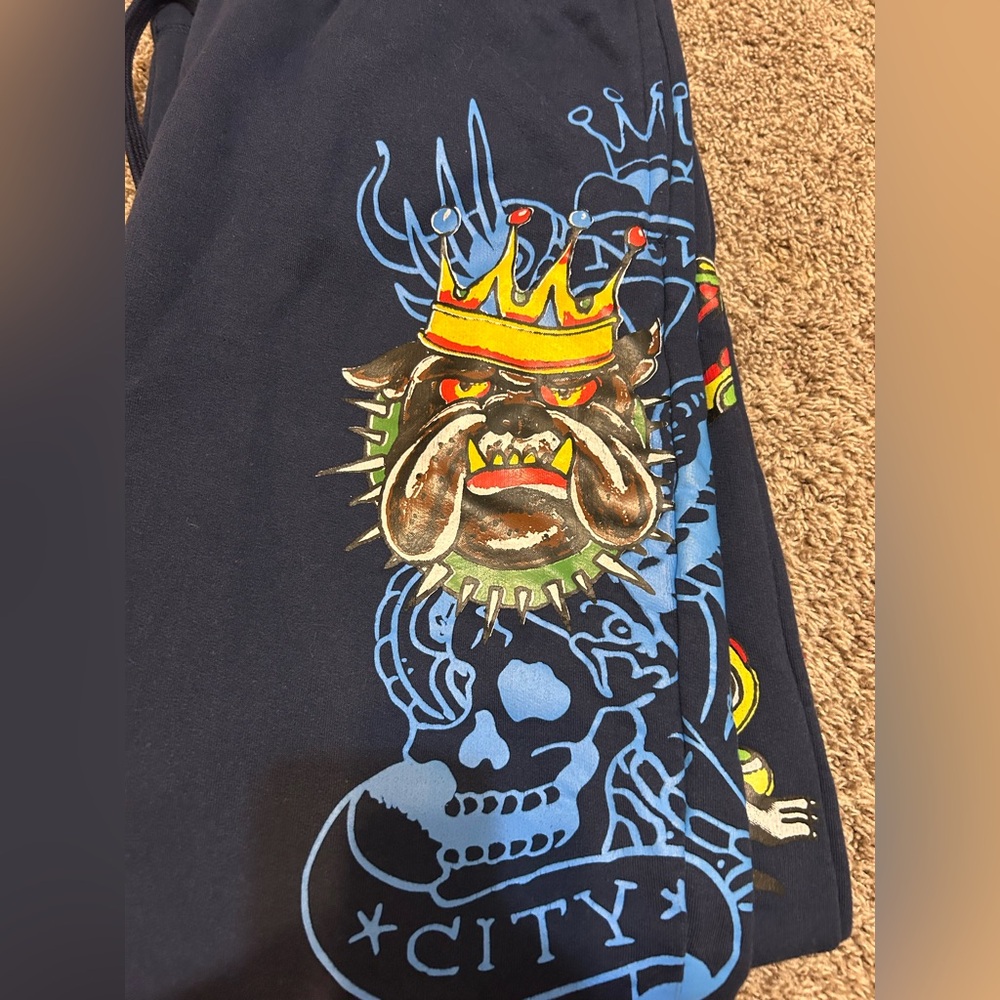 Ed Hardy Panther Bulldog Sweatpants Midnight Blue Size Large - Picture 8 of 9